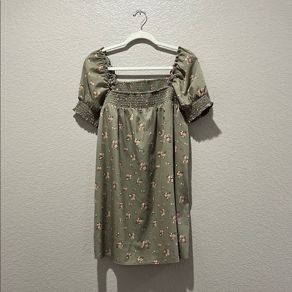 Forever 21 Square Neck Puff Sleeve Babydoll Dress Floral Smocked Green TC0805
